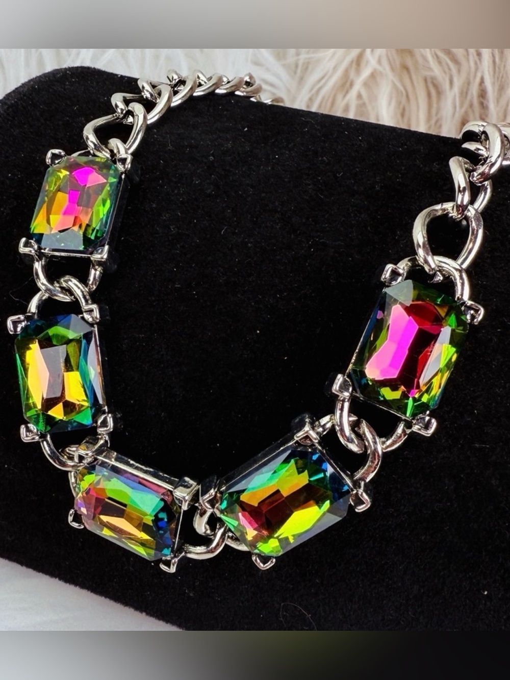 Stunning Silvertone, rainbow watermelon, multicolor, gemstone necklace